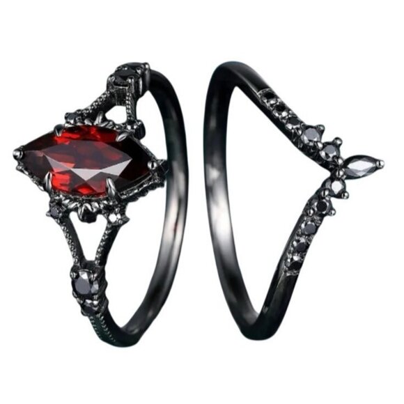 2 piece Marquise Cut Ruby and Moissanite Engagement Wedding Ring Set in Rhodium - Picture 2 of 5